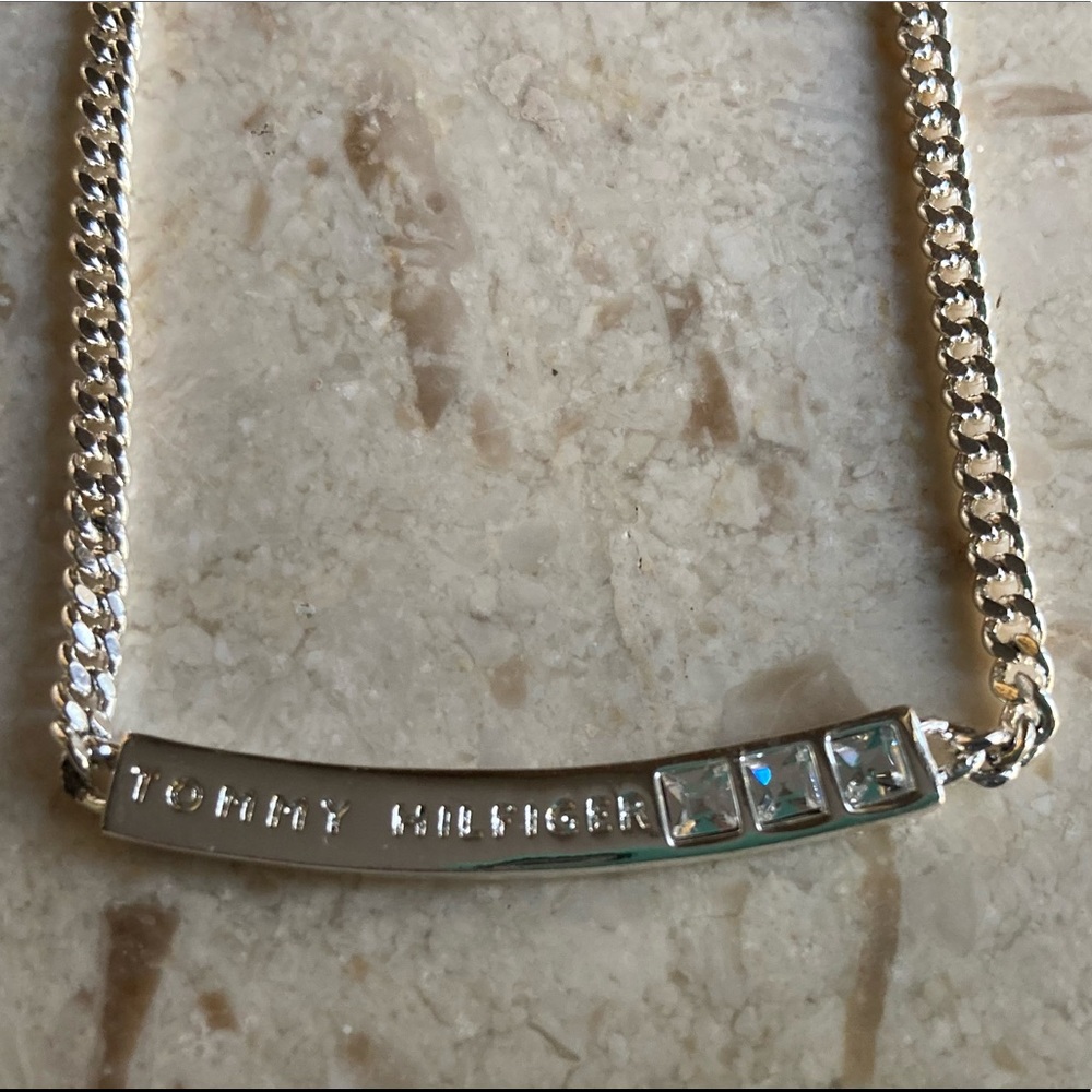 Tommy Hilfiger Signed Silver Tone Crystal Bar Choker